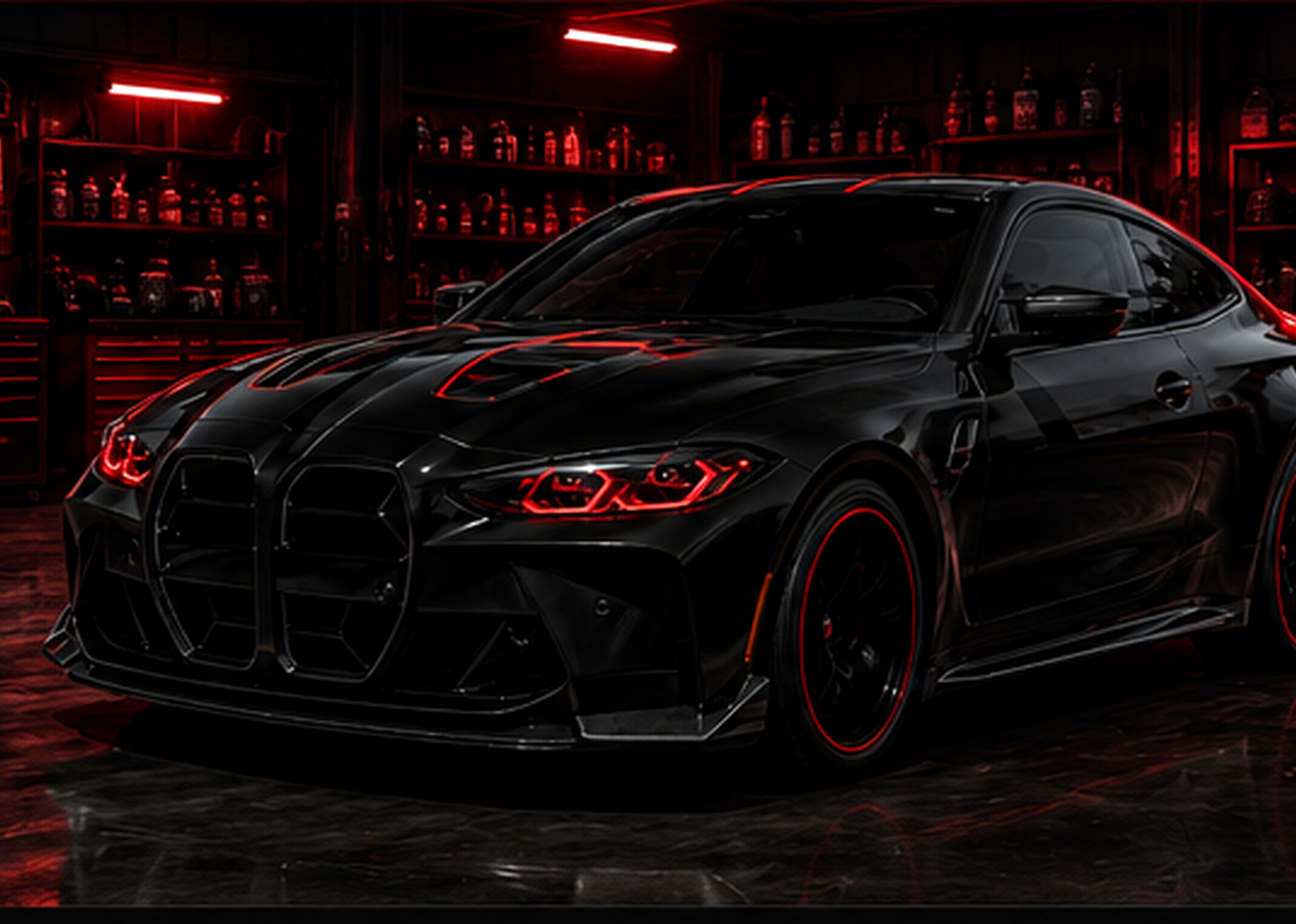 Black performance car in red-lit automotive garage